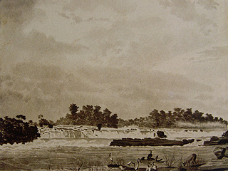 Aquarela de Hercules Florence, que acompanhou a Expedição Langsdorff, Cachoeira Juruenna, São Paulo.